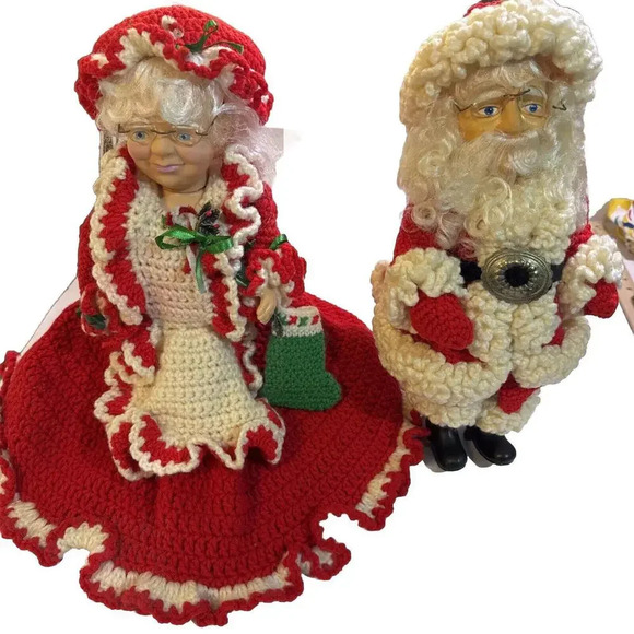 Vtg. 1970s 80s Hand Made Crochet Mr. & Mrs. Santa Claus Doll Christmas Set - Picture 1 of 12